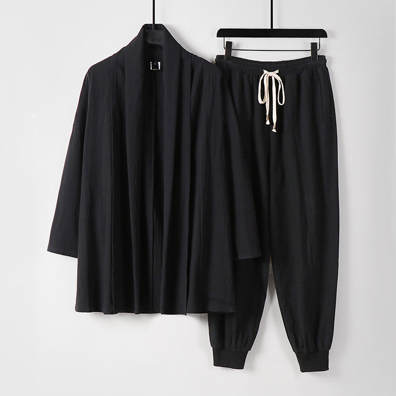 Unisex Airy Leisure Set in Kimono Style with Shawl Collar Jacket and Tapered Jogger Pants Chichicherry