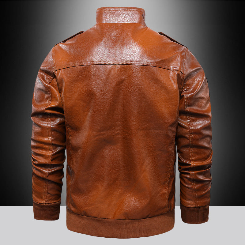 Men's aviator-inspired vintage faux leather bomber jacket with shoulder epaulettes and flap pockets Chichicherry