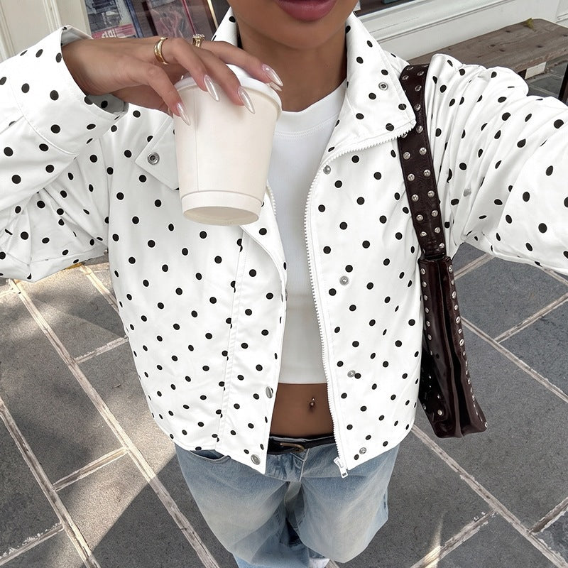 Women's short cut polka dot transitional jacket with stand-up collar and snap button closure Chichicherry
