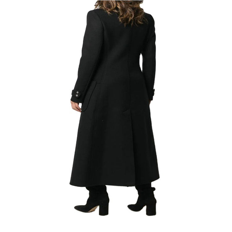 Women's Ankle-Length Tailored Wool Blend Coat with Stand-Up Collar and Decorative Button Placket Chichicherry