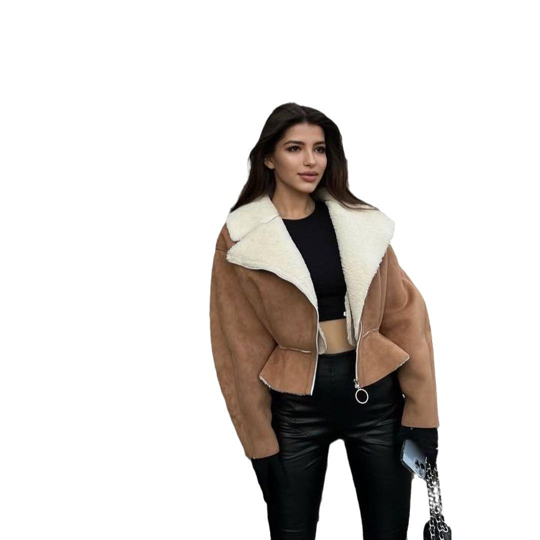 Damen Kurze Lammfellimitat-Bikerjacke mit Oversize-Kragen und asymmetrischem Reißverschluss Chichicherry