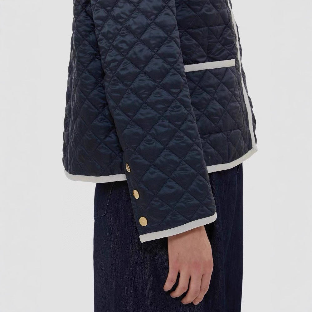 Women Lightly Quilted Short Jacket without Collar with Contrast Piping and Full-Length Zipper Chichicherry