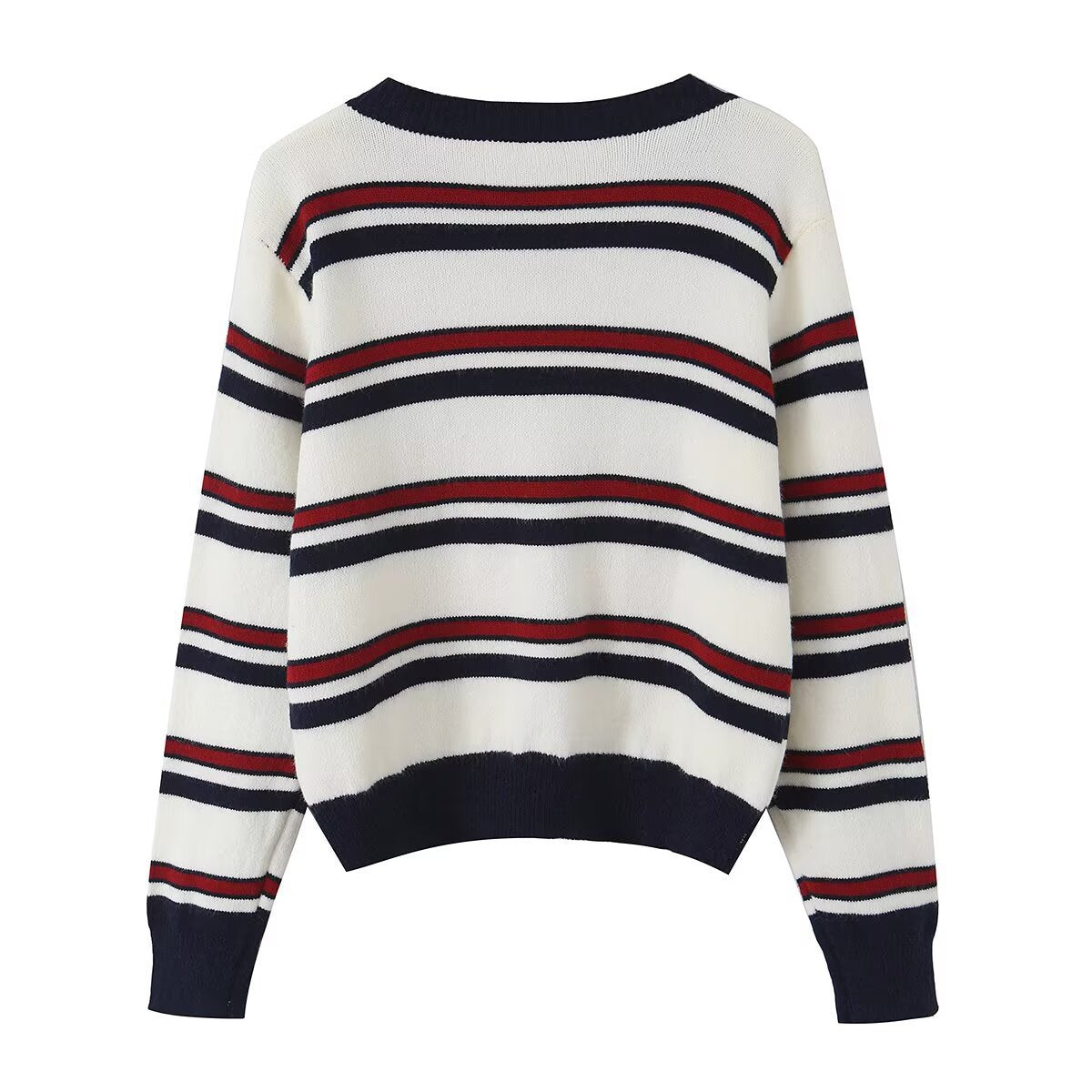 Women Striped Short Cardigan with Round Neck, Button Placket and Ribbed Cuffs Chichicherry