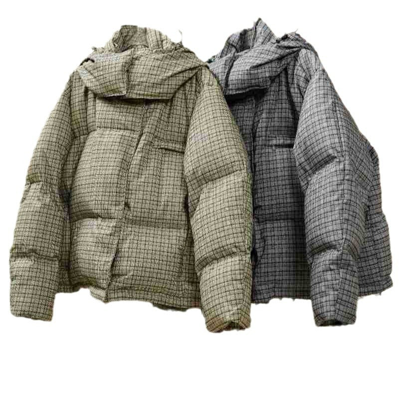 Women Short Cut Quilted Check Pattern Padded Jacket with Hood Chichicherry