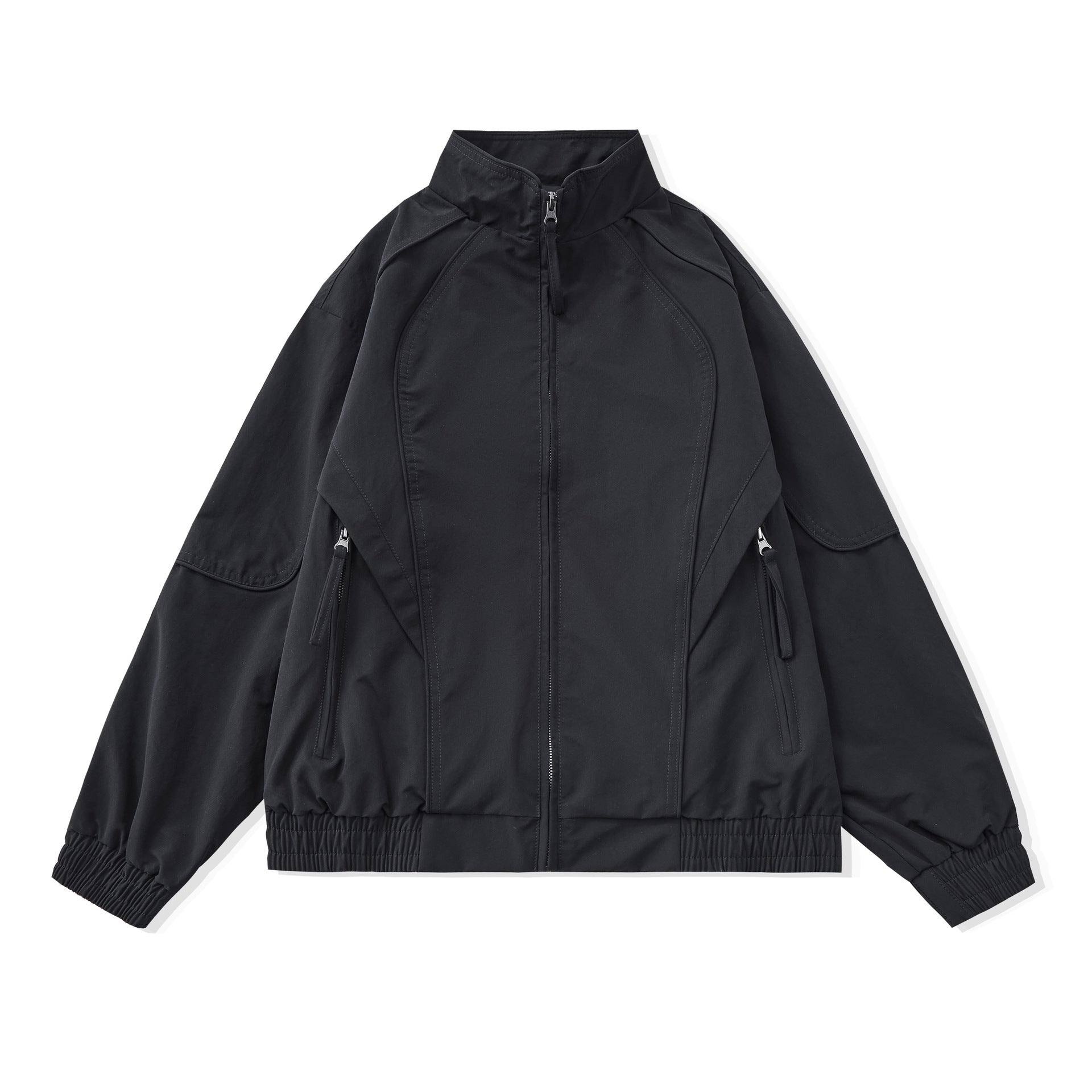 Women Short Boxy Utility Jacket with ergonomic seams, high standing collar and drawstring hood