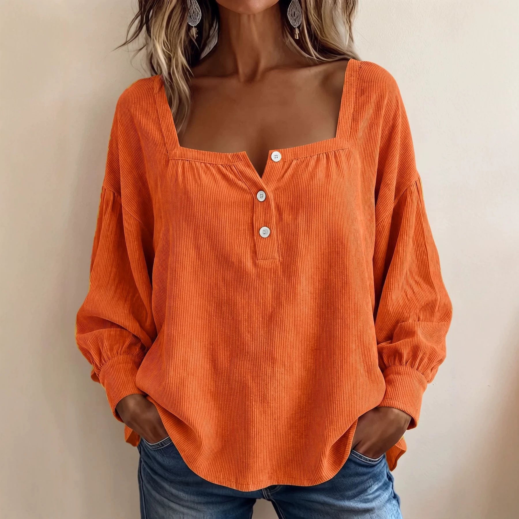 Women's Loose Blouse Shirt with Square Neckline, Button Placket and Balloon Sleeves Chichicherry