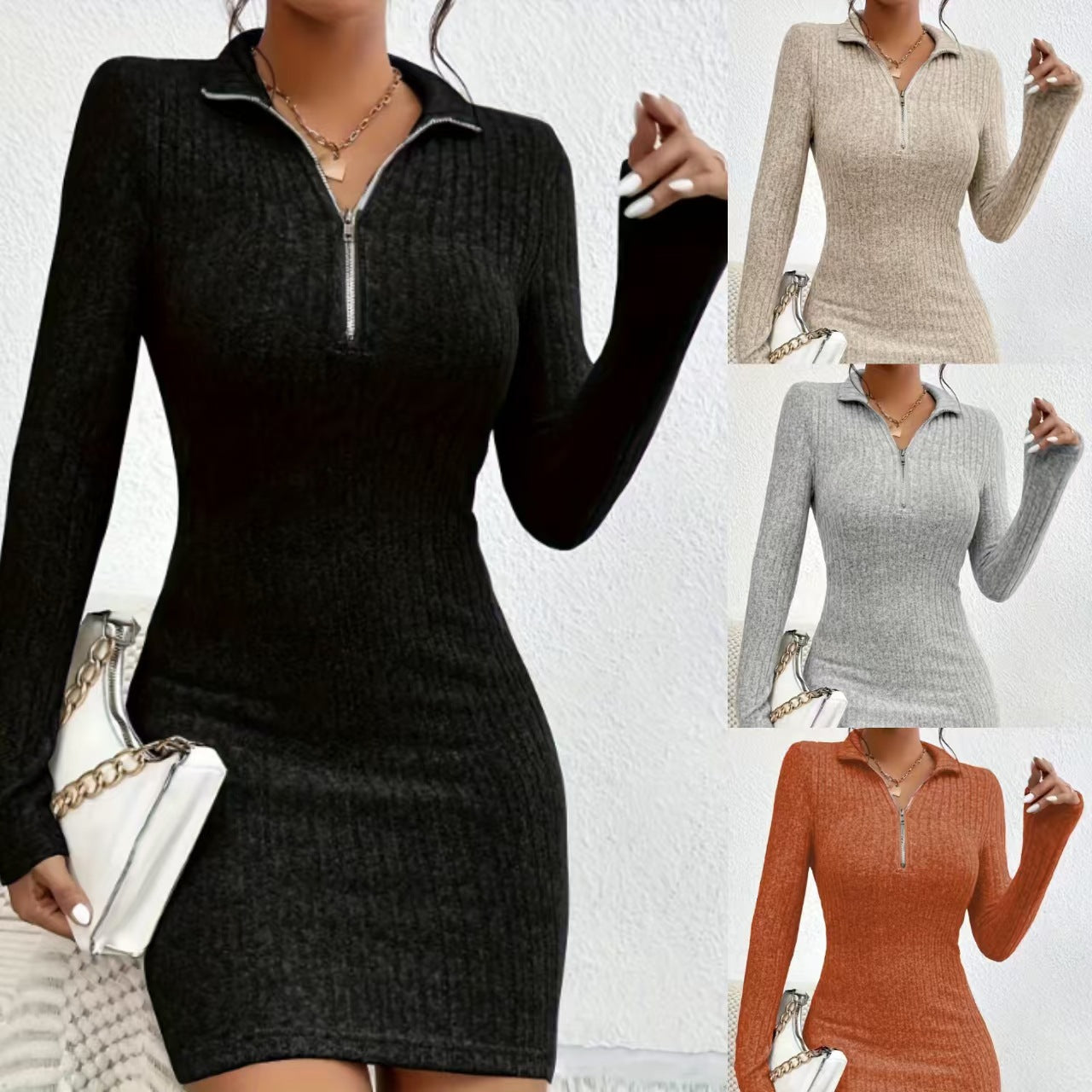 Women's Tight Ribbed Knit Dress with Half Zipper and Stand Collar Chichicherry
