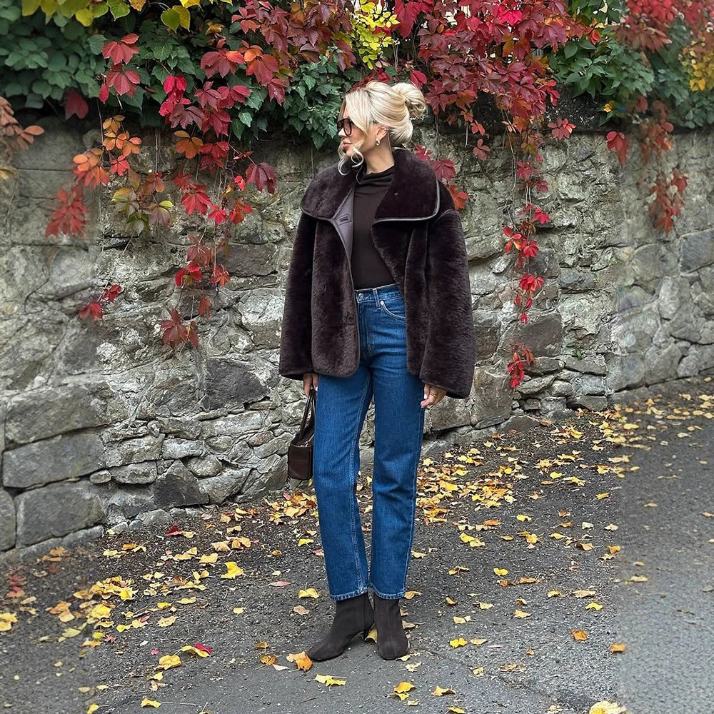 Women's Boxy Faux Fur Jacket with Voluminous Shawl Collar and Boxy Silhouette Chichicherry