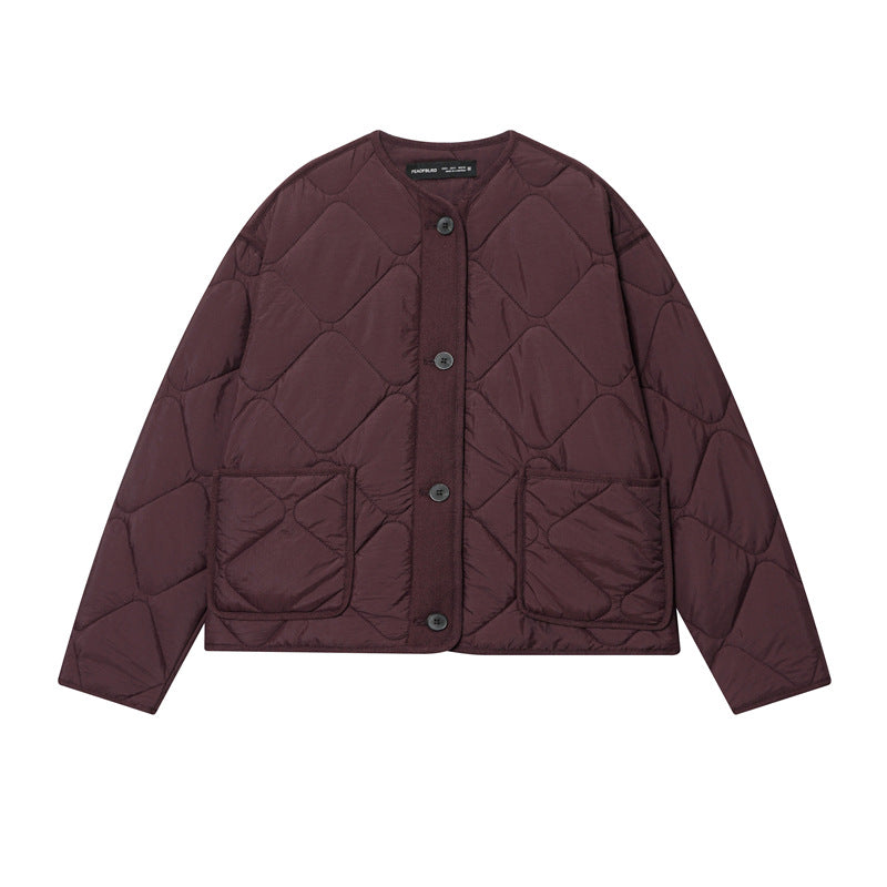 Women's Quilted Oversized Quilted Jacket with Round Neckline, Patch Pockets and Button Placket Chichicherry