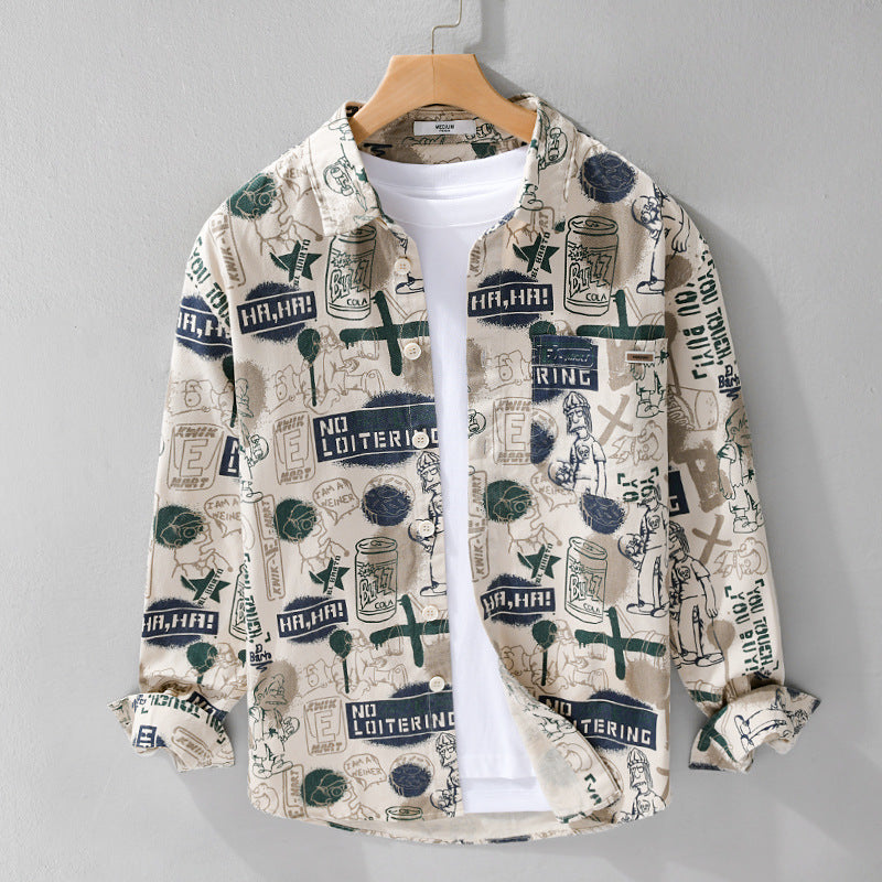 Men's Artistic Graphic Overshirt in Relaxed Layering with Allover Sketch Print and Soft-Touch Cotton Mix Chichicherry
