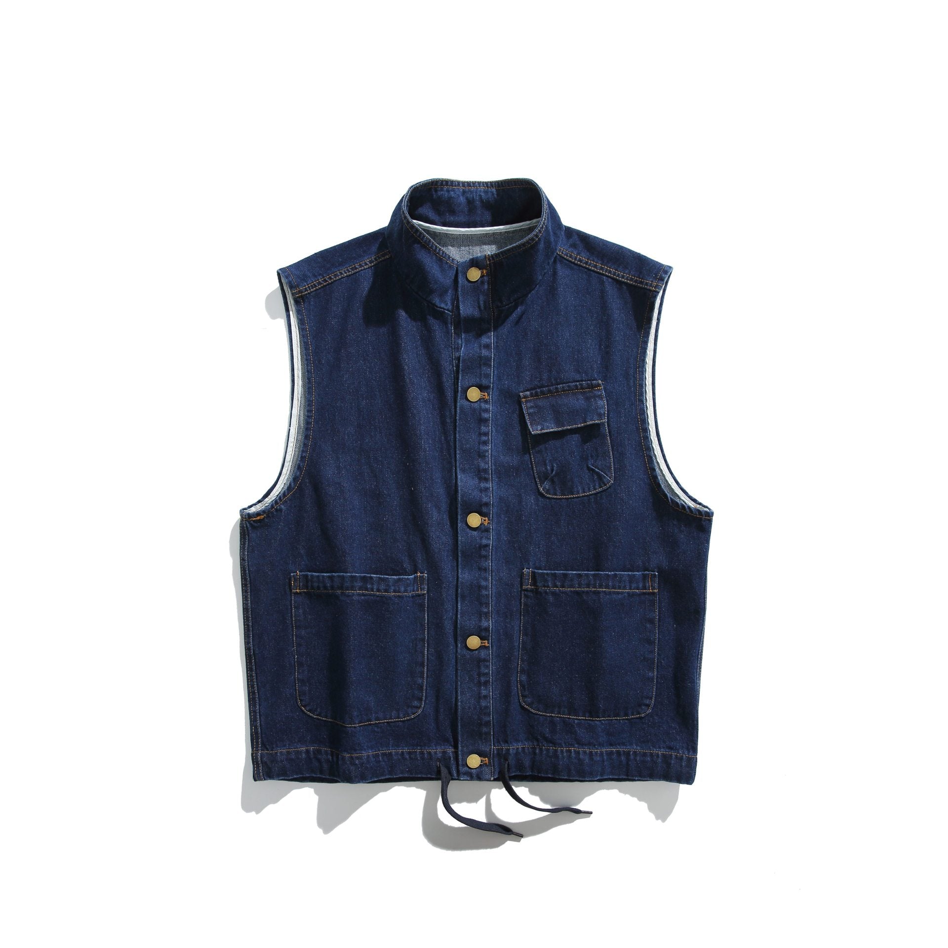Unisex Denim Vest in Utility Style with Stand-Up Collar Chichicherry