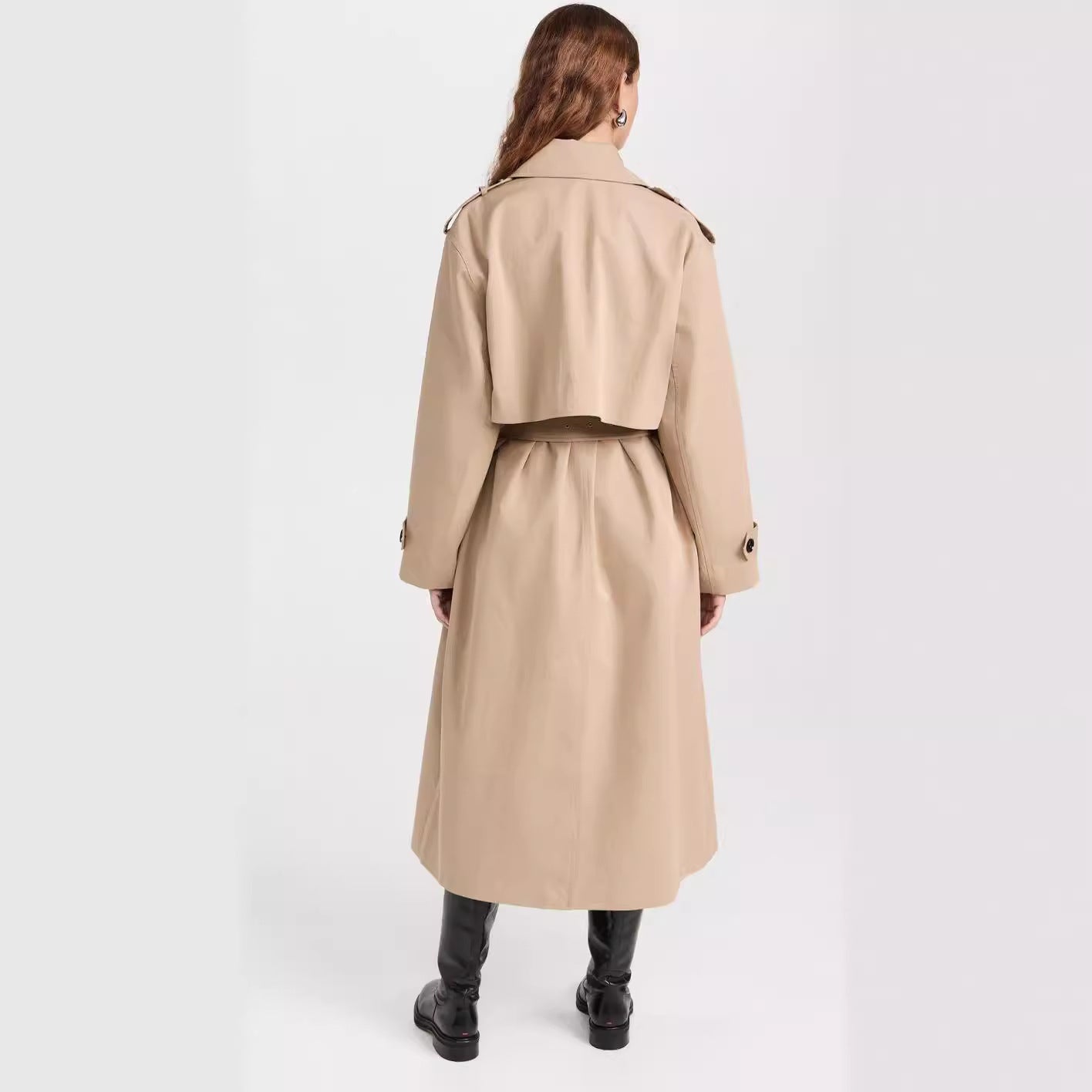 Women's Long Trench Coat made of Cotton Blend with Double-Breasted Button Placket, Waist Belt and Shoulder Flaps Chichicherry