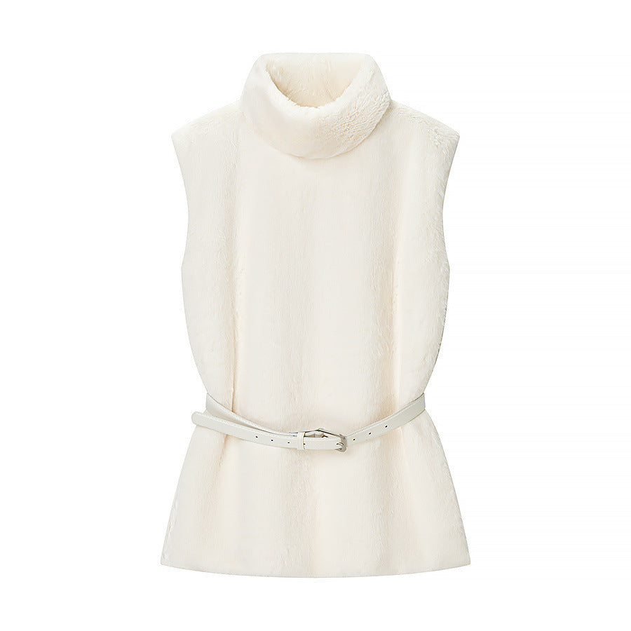 Women's Sleeveless Faux Fur Vest with Stand-Up Collar and Waistbelt Chichicherry