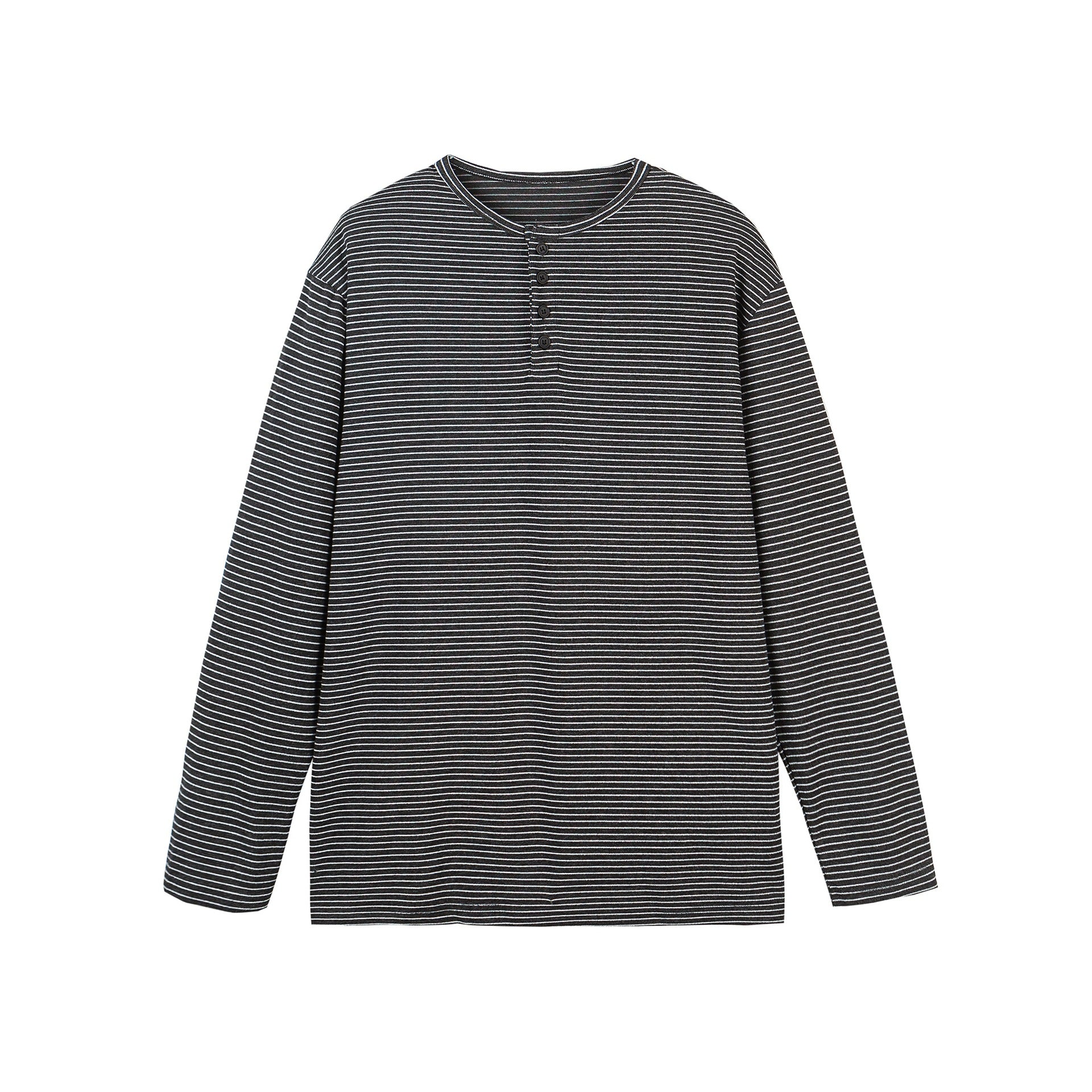 Unisex Striped Henley Long Sleeve Shirt with Button Placket and Oversized Cut Chichicherry