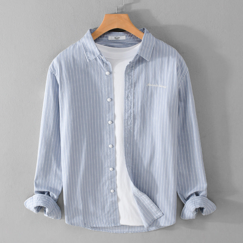 Men's pinstripe layered shirt in overshirt style with subtle chest embroidery Chichicherry