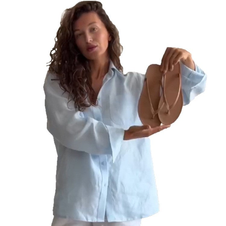 Women's Oversized Linen Shirt Blouse with Chest Pocket and Casual Fit Chichicherry