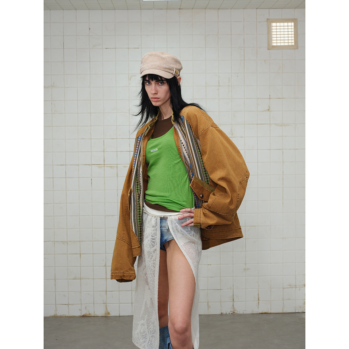 Women's short cotton blouson jacket with ethnic woven panels and cord trimming Chichicherry