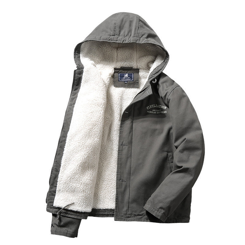 Men's Canvas Hooded Jacket with Sherpa Lining, Concealed Two-Way Zipper and Utility Details Chichicherry