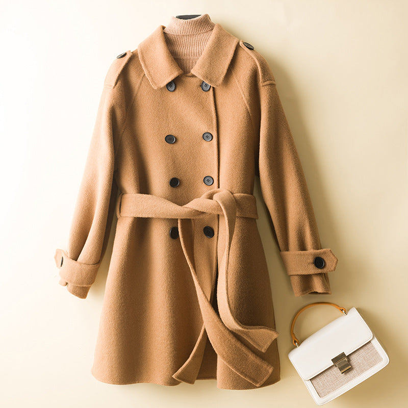 Women's Double-Breasted Wool Blend Coat with Waist Belt, Epaulettes and Adjustable Cuffs Chichicherry