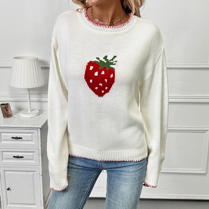 Women's Casual Boxy Knit Sweater with Strawberry Intarsia, Ribbed Hem and Round Neckline Chichicherry