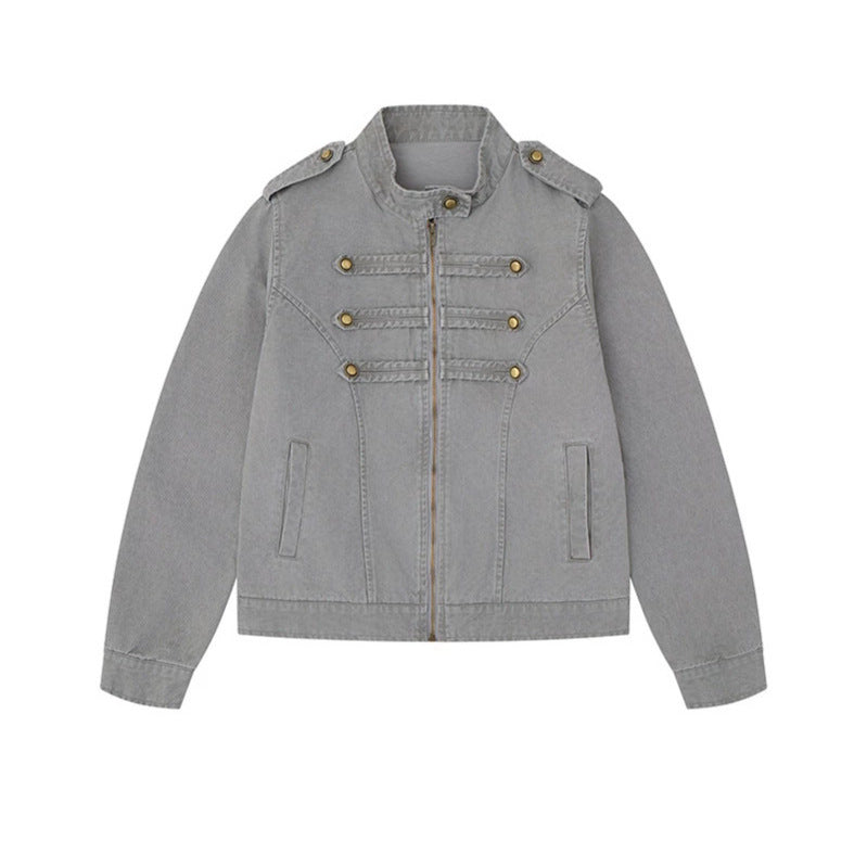 Women's military-inspired cotton canvas jacket with stand-up collar, decorative button plackets, and shoulder epaulets Chichicherry