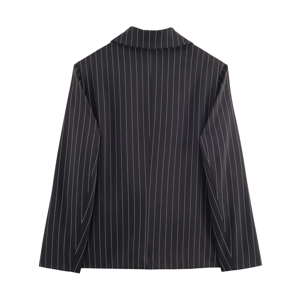 Ladies pinstriped blazer with wide lapels, single-button closure, and flap pockets Chichicherry
