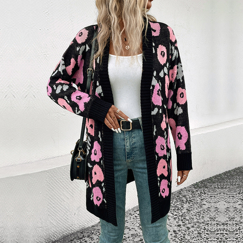 Women's Long Open Knit Cardigan with Leopard Jacquard Pattern and Ribbed Hems Chichicherry