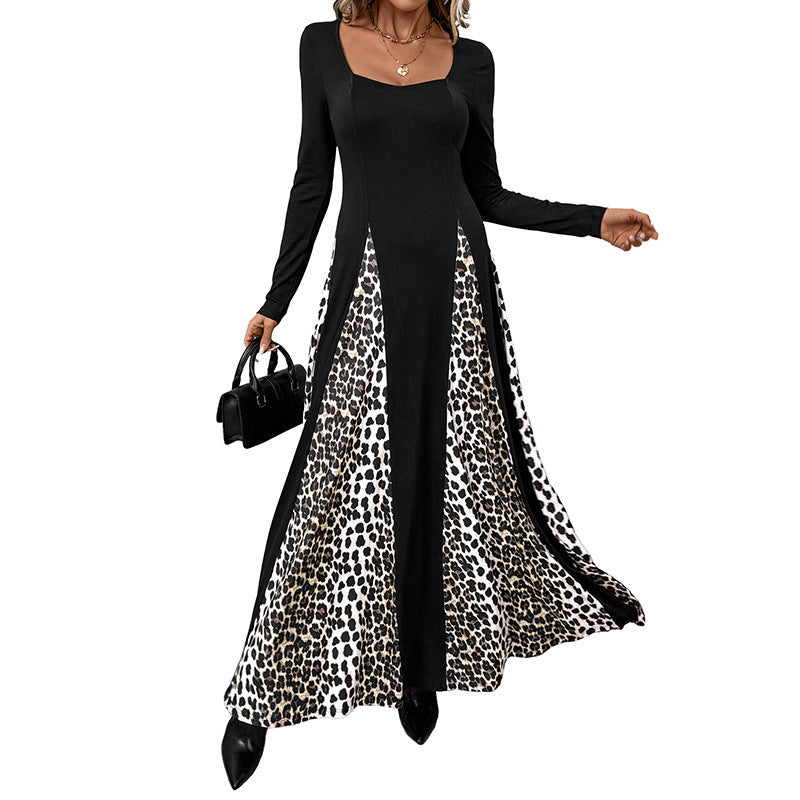 Women's maxi dress with panel look and contrasting leopard print inserts Chichicherry