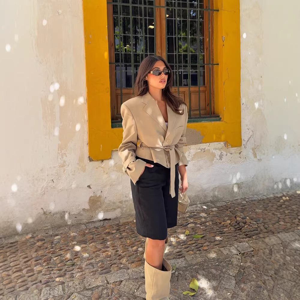 Women's Tailored Cropped Blazer with Belt and Remarkable Shoulder Area Chichicherry