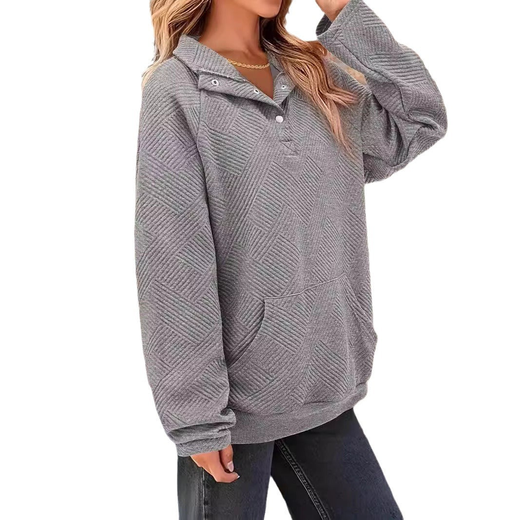 Women's Textured Oversized Hoodie with Henley Placket and Kangaroo Pocket Chichicherry