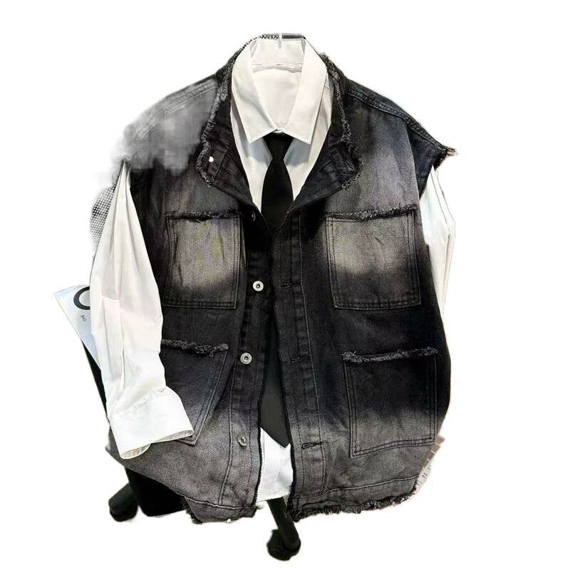 Herren Ärmellose Denim‑Weste im Vintage‑Used‑Look mit ausgefranster Saumkante und Ombre‑Fading Chichicherry