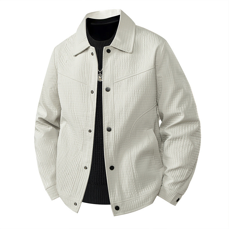 Men's Light Transitional Jacket in Worker Style with Microstructured Twill Look and Snap Button Placket Chichicherry