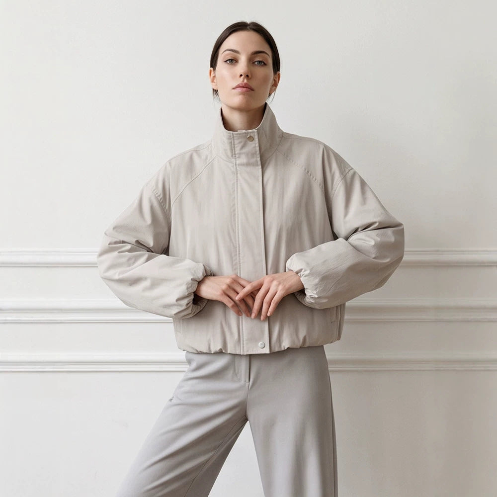 Women's Short Cut Stand Collar Bomber Jacket with Elastic Hem and Raglan Sleeves Chichicherry