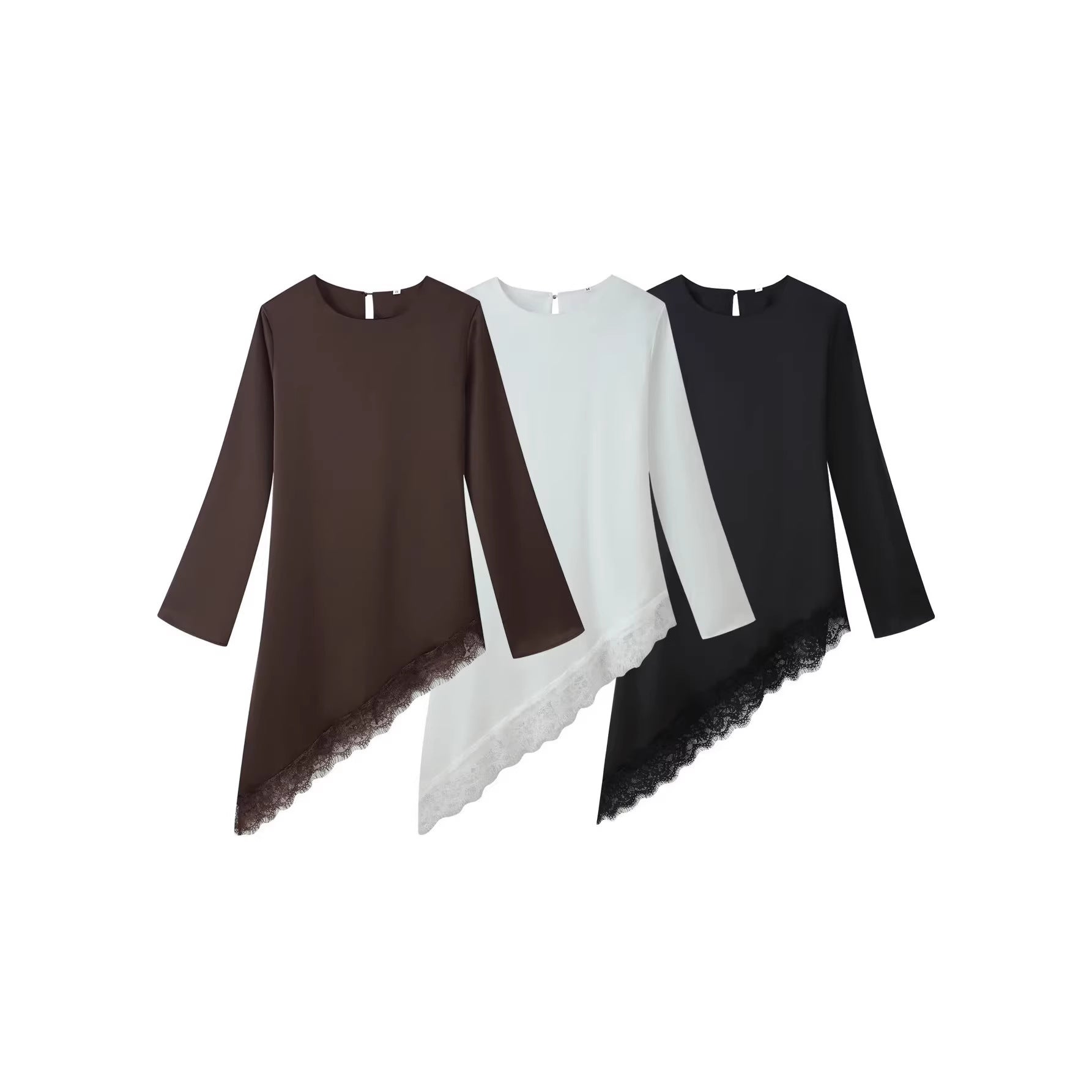 Women Asymmetrical Chiffon Blouse with Lace Trim and Long Sleeves Chichicherry