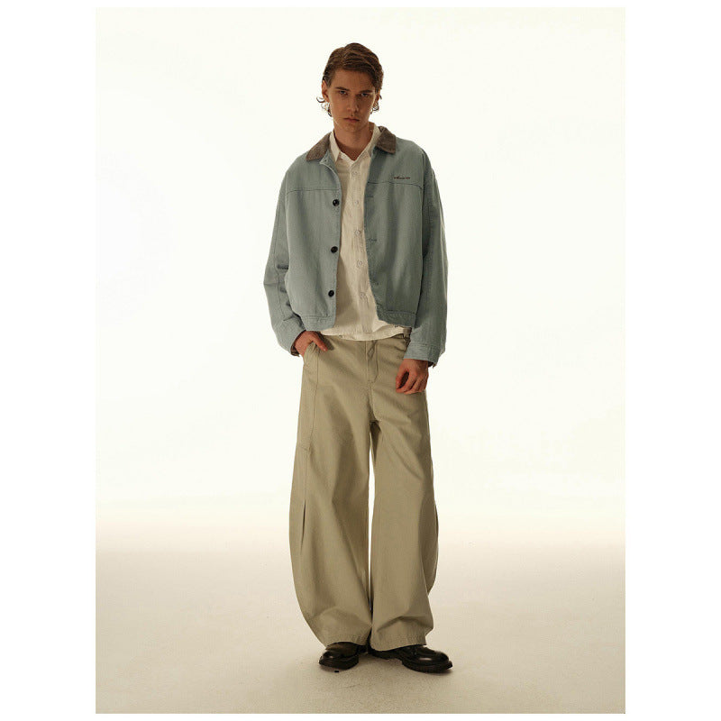 Men's Boxy Canvas Jacket with Cord Collar and Concealed Button Placket Chichicherry