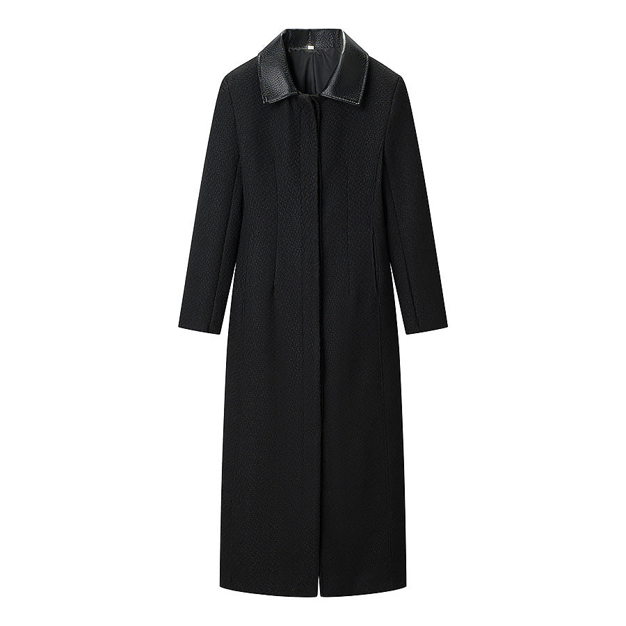 Women Tailored Maxi Long Wool Blend Coat with Leather Collar and Full Button Placket Chichicherry