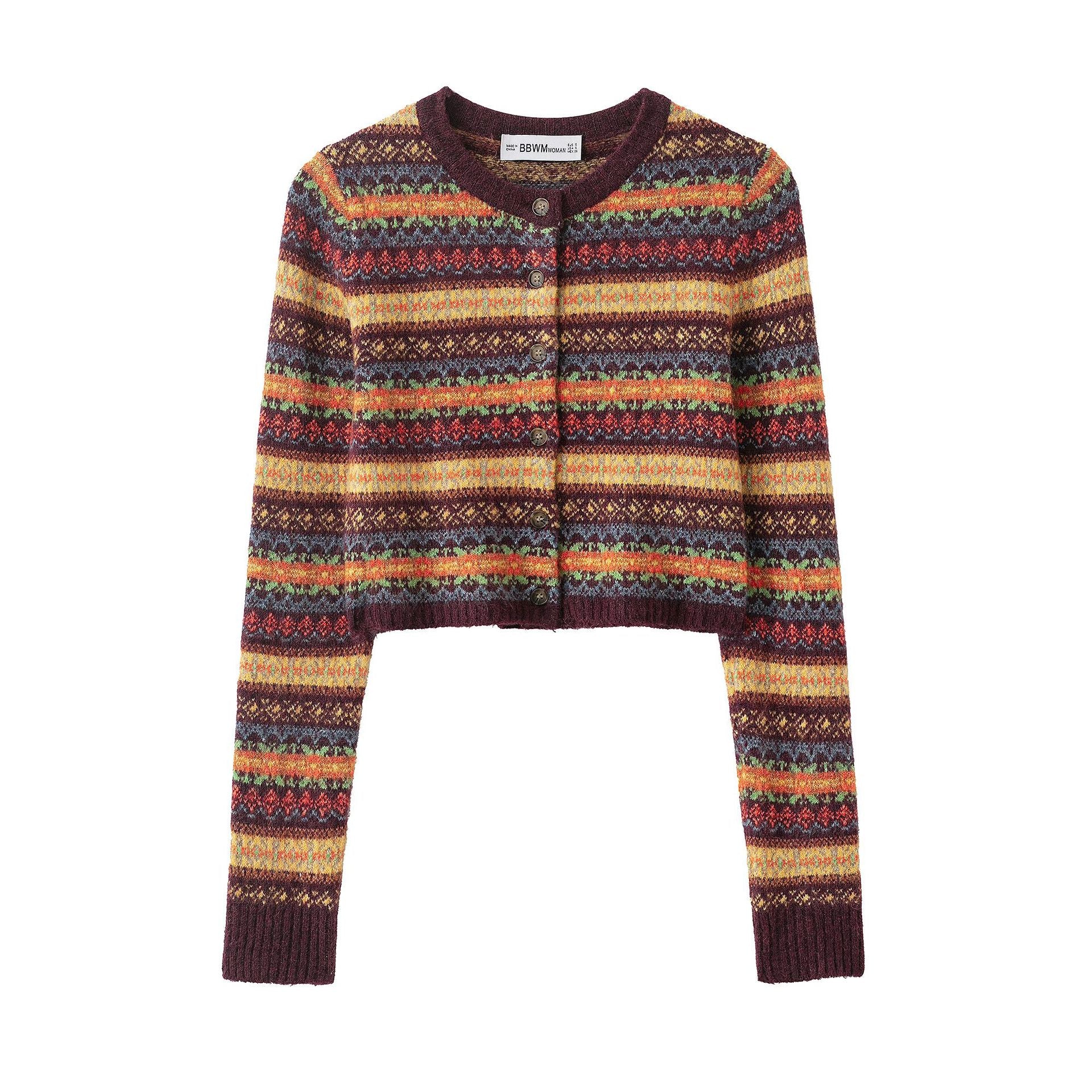 Women's Short-Cut Fair-Isle Cardigan with Round Neckline and Button Placket Chichicherry