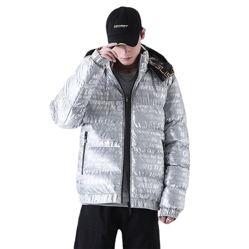 Men's Reflective Quilted Down-Look Jacket with Hood and Allover Print Chichicherry