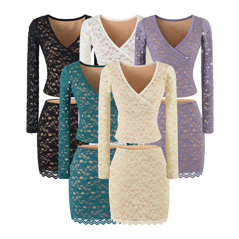 Women's Figure-hugging Lace Top with Wrap V-neck and Long Sleeves Chichicherry