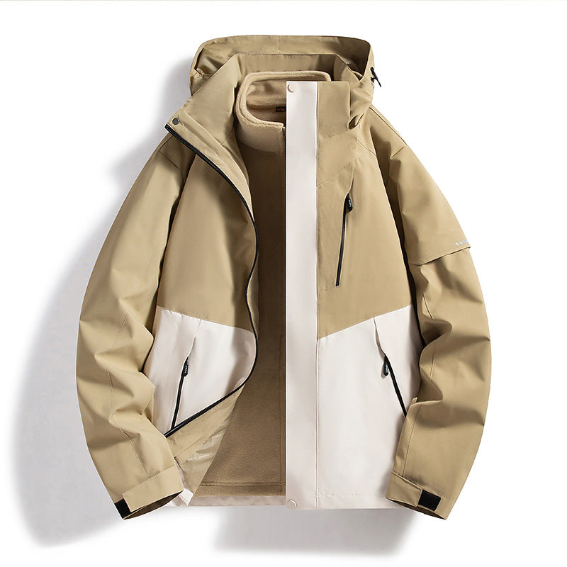 Men's Water-Repellent Softshell Fleece Layer Jacket with Hood and Windproof Front Flap Chichicherry