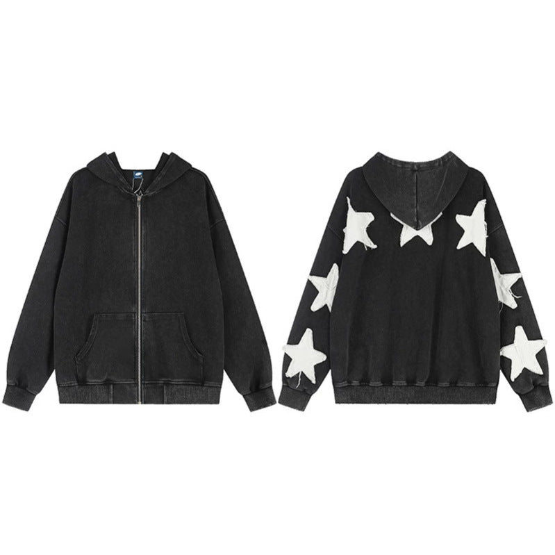 Women Oversize Hoodie Sweatshirt with Star Appliqués and Vintage Wash Chichicherry