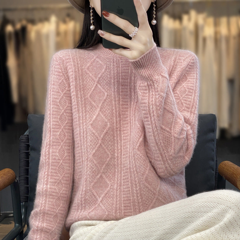 Ladies cable knit fine knit sweater with lace panels and soft mohair finish Chichicherry