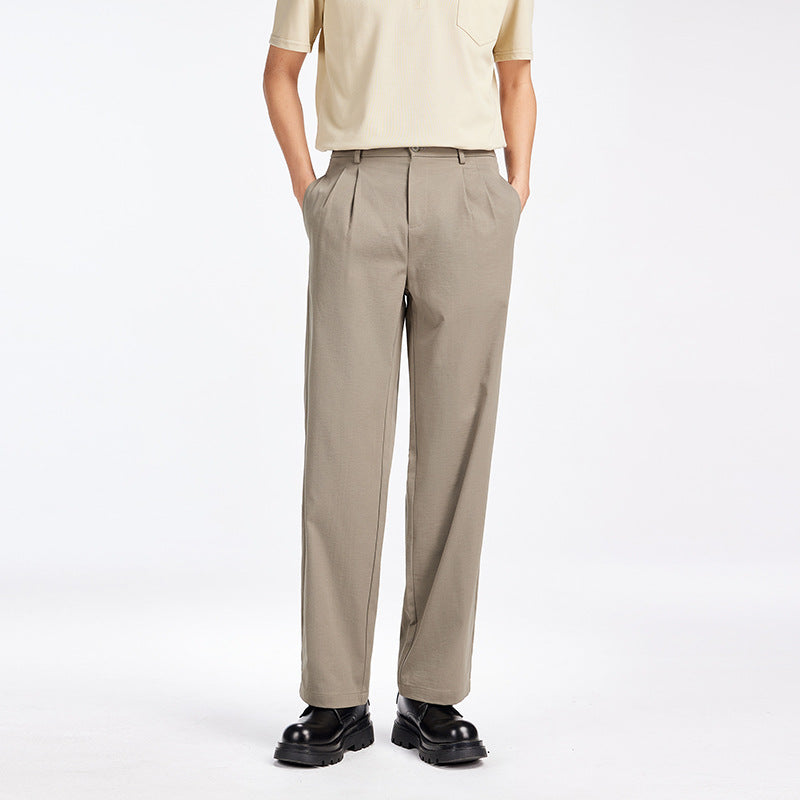 Men's Elegant Pleated Fabric Pants with High Waist, Crease and Straight Leg Chichicherry