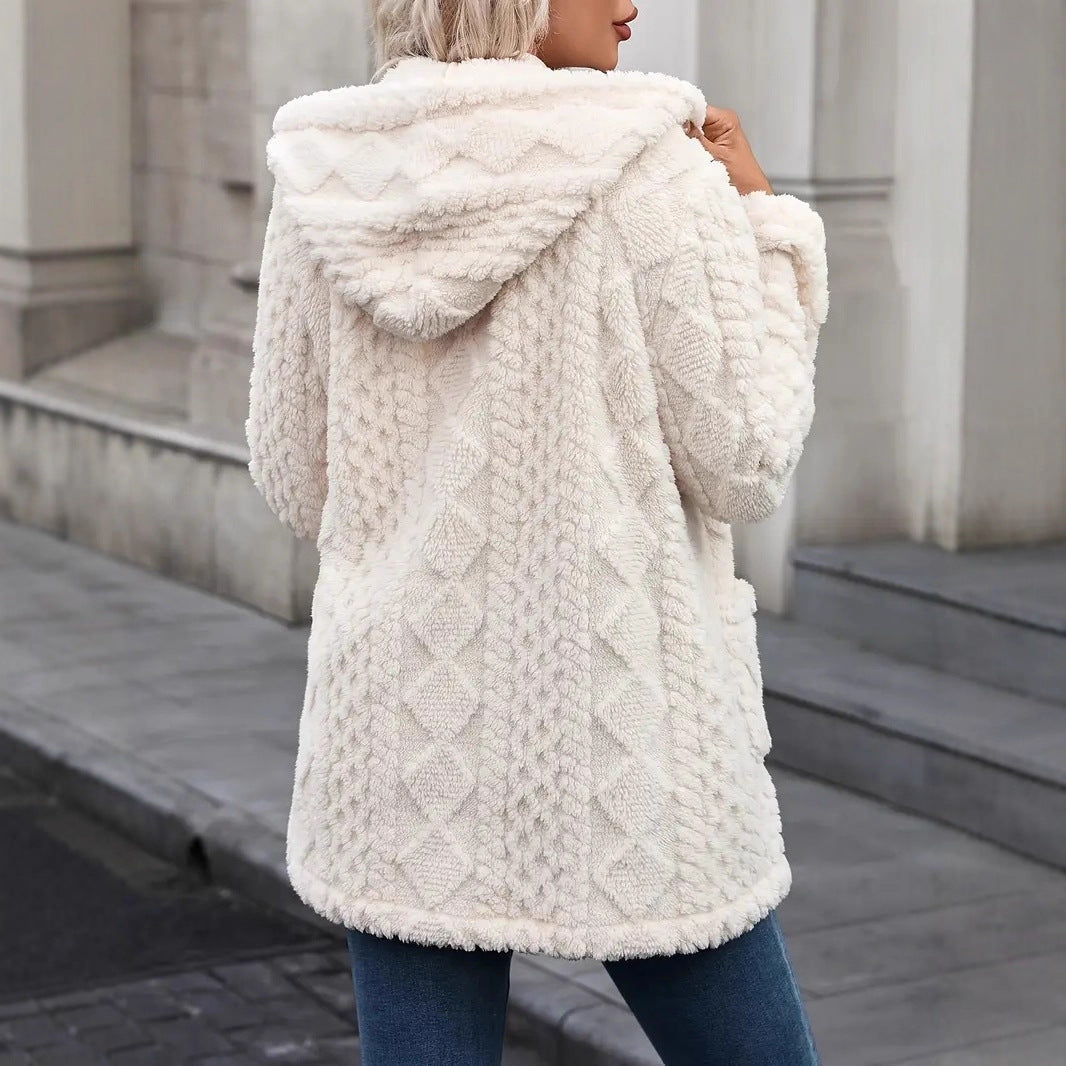 Women's Cozy Teddy Jacket with Hood, Button Placket and Patch Pockets Chichicherry