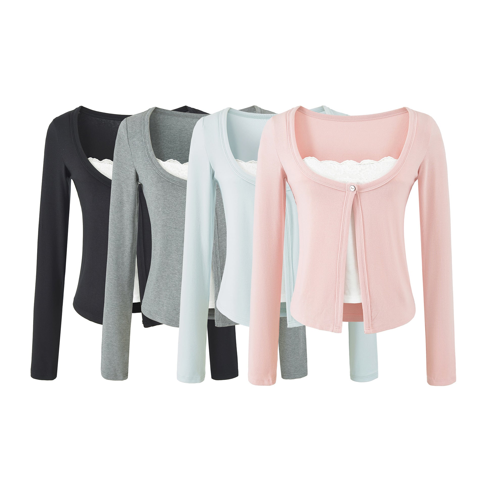 Women's layered cardigan with integrated lace cami and single-button closure Chichicherry