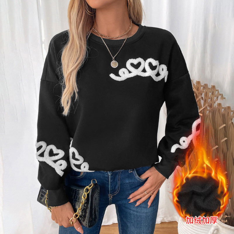 Women's Casual Oversized Sweatshirt with Chenille Heart Appliqué, Round Neck and Ribbed Cuffs Chichicherry