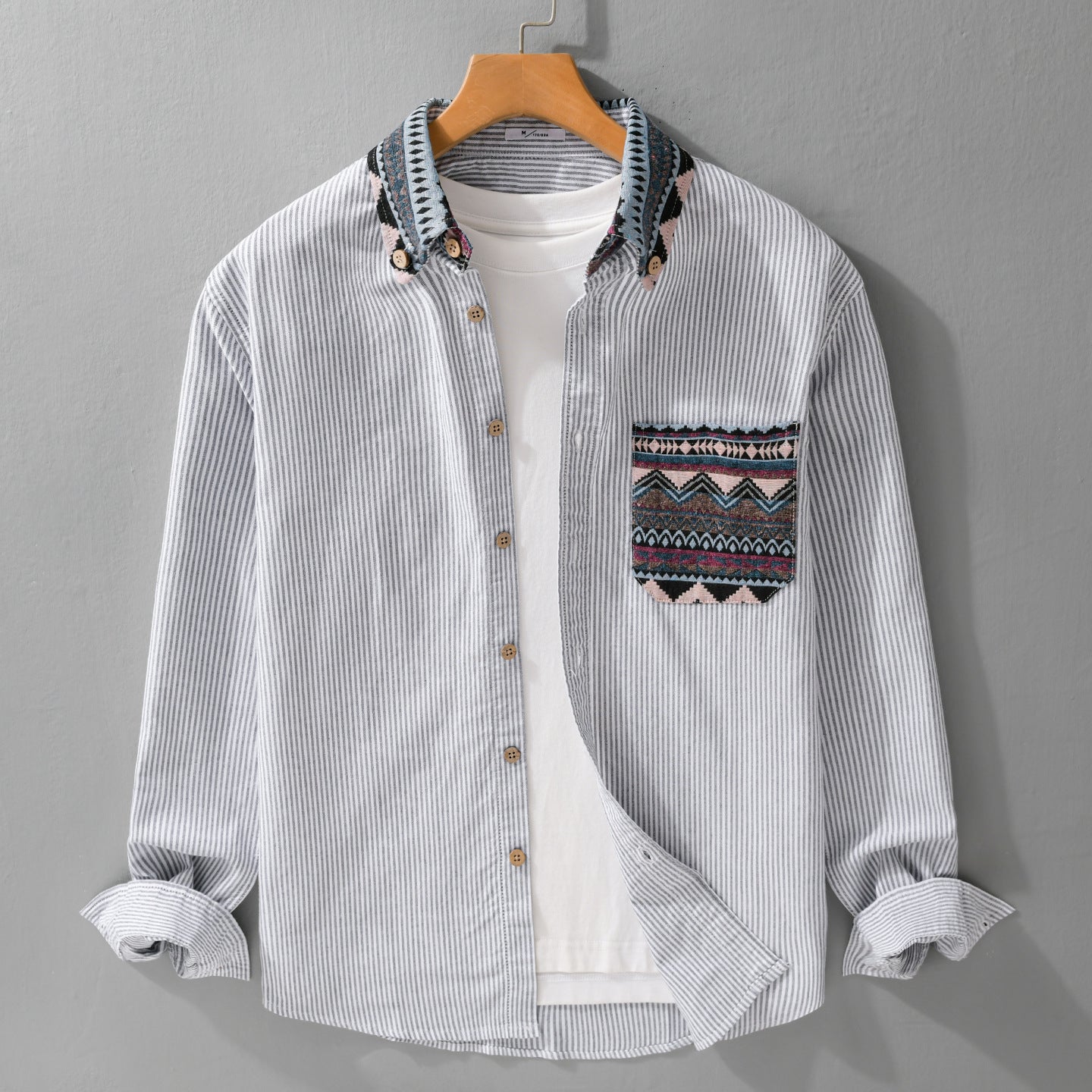 Men's Striped Cotton Shirt with Jacquard Collar and Pocket Trim Chichicherry