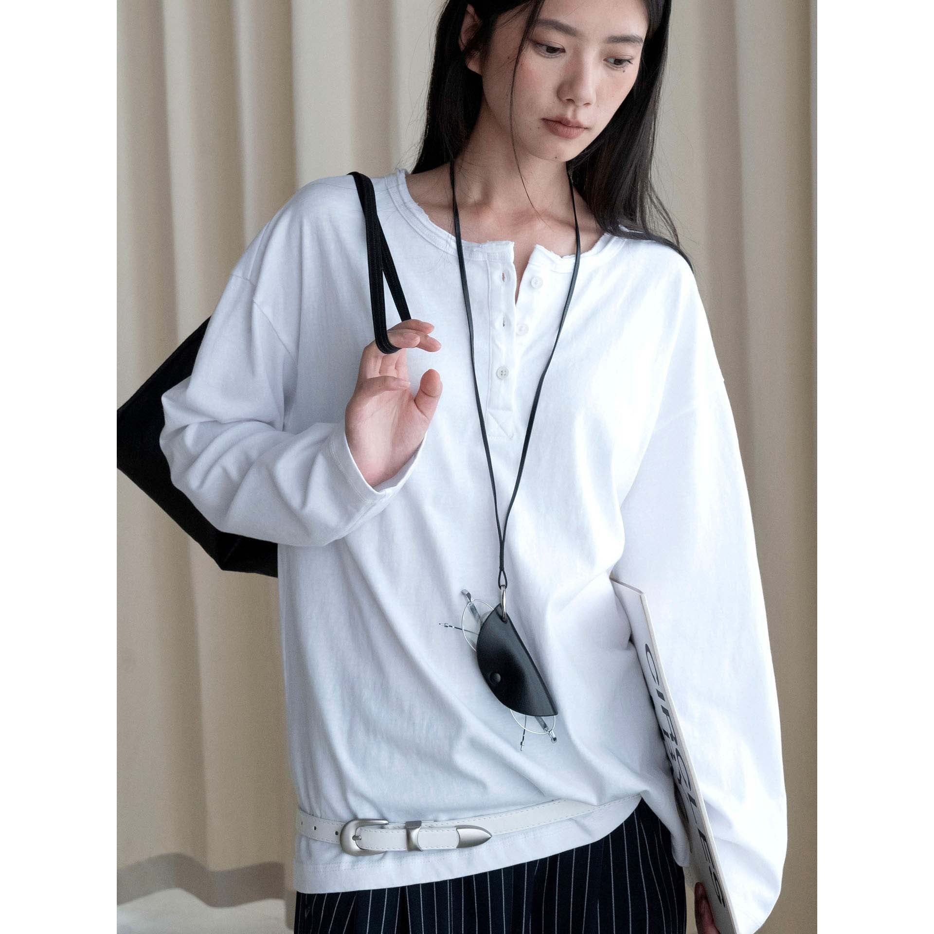Women Oversized Henley Shirt with Raw Edge and Light Cotton Quality Chichicherry