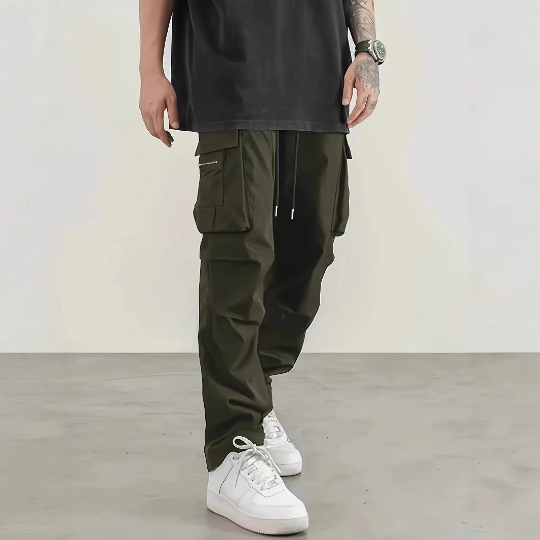 Men's wide utility cargo pants with drawstring waistband, multifunction pockets & zip pocket Chichicherry