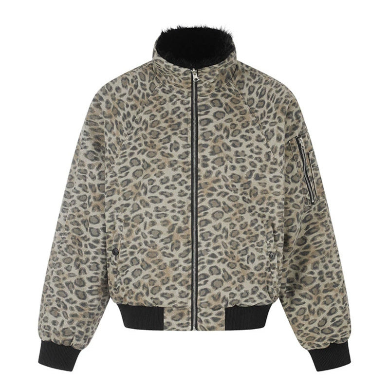 Women quilted bomber jacket with faux fur stand-up collar, all-over leopard print and ribbed cuffs Chichicherry